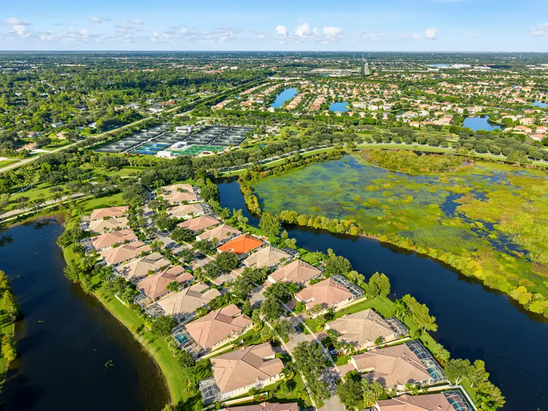 Aerial view of homes beside a lake and green wetland landscape